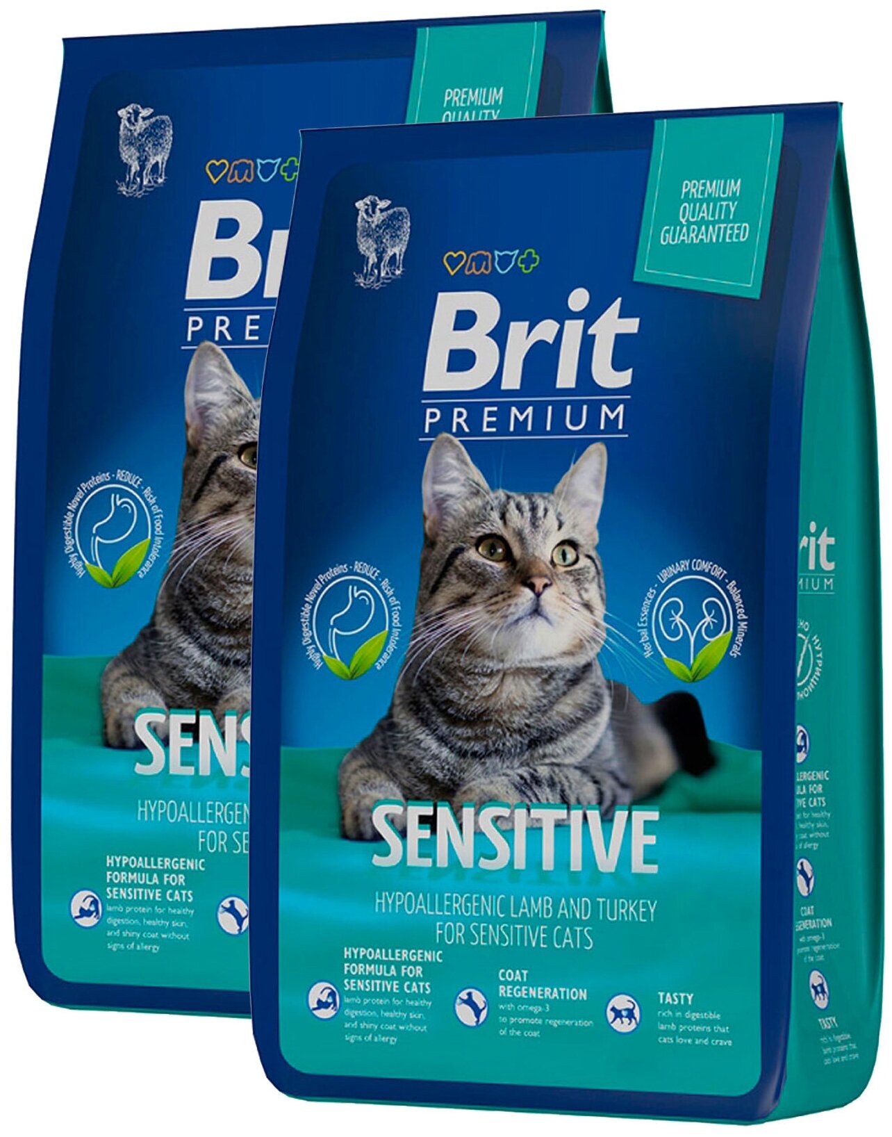 BRIT PREMIUM CAT SENSITIVE для взрослых кошек с чувствительным пищеварением с ягненком и индейкой (0,4 + 0,4 кг)