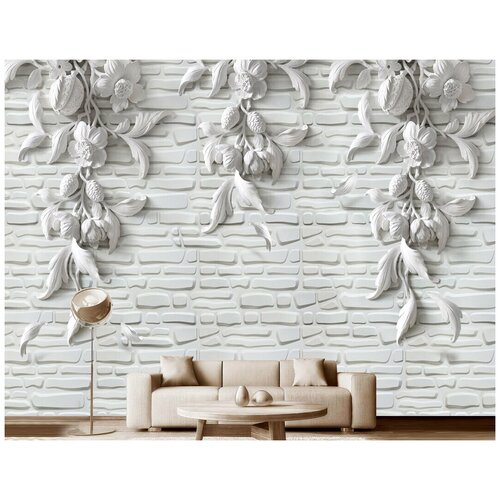 Фотообои на стену флизелиновые 3D Модный Дом Цветочный барельеф на кирпичной стене 400x290 см (ШxВ)