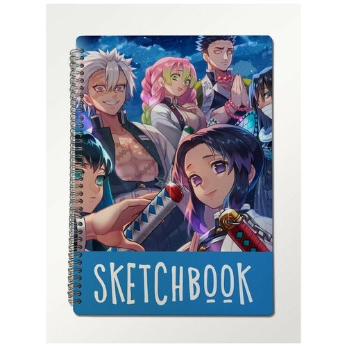 Скетчбук блокнот, А4 крафт-бумага, 50 листов с деревянной обложкой аниме Demon Slayer (Клинок рассекающий демонов, аниме, Танджиро, демон) - 3080