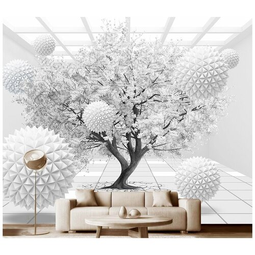 Фотообои на стену флизелиновые 3D Модный Дом Белое дерево и летающие шары 350x290 см (ШxВ)