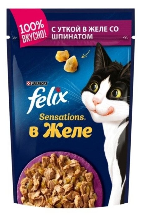 Влажный корм Felix Sensations (Феликс Сенсейшенс) для взрослых кошек, с уткой в желе со шпинатом 85 г х 26 шт/ Корм для кошек оптом/ Паучи для кошек - фотография № 6