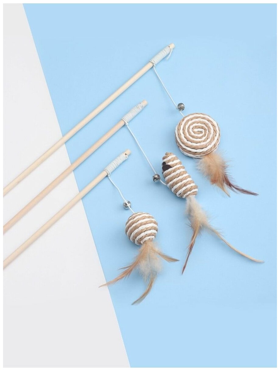 Игрушка для кошек "Круг с перьями" удочка дразнилка из эко материалов, 40 см - фотография № 7