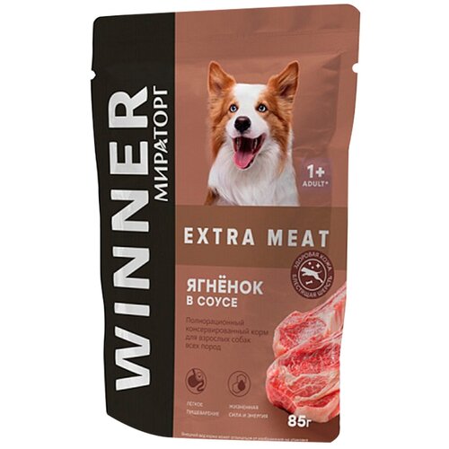 Пауч WINNER Extra Meat для взрослых собак всех пород, с ягненком в соусе, 85г виннер extra meat пауч д собак мелких пород с чувствительным пищеварением куриная грудка в соусе 85г 26%