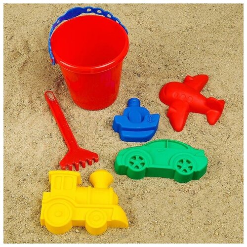 комплект для песка мини ведёрко 2 формочки Набор для игры в песке №110: ведёрко, 4 формочки для песка, грабельки