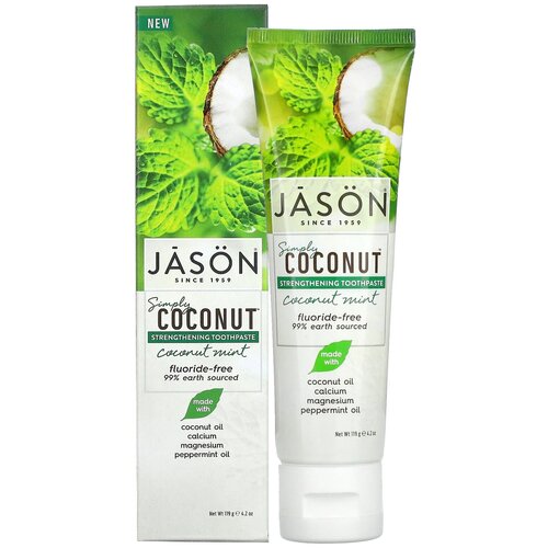 jason natural simply coconut отбеливающая зубная паста кокосовый крем 119 г 4 2 унции Jason Natural Simply Coconut укрепляющая зубная паста кокос и мята 119 гр