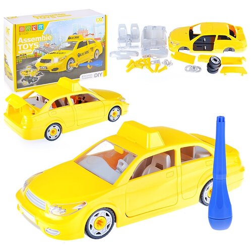 Машина - конструктор пластиковый детский с отверткой Такси (свет, звук) Oubaoloon CXL200-54C (41 деталь) в коробке