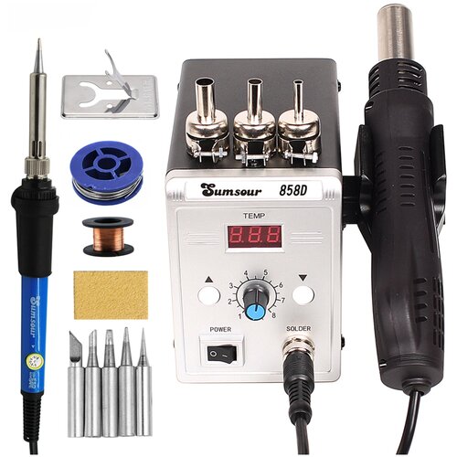 Паяльная станция 858D 220V с феном 700W и паяльником 60W с регулировкой сменными насадками и инструментами У 399700₽
