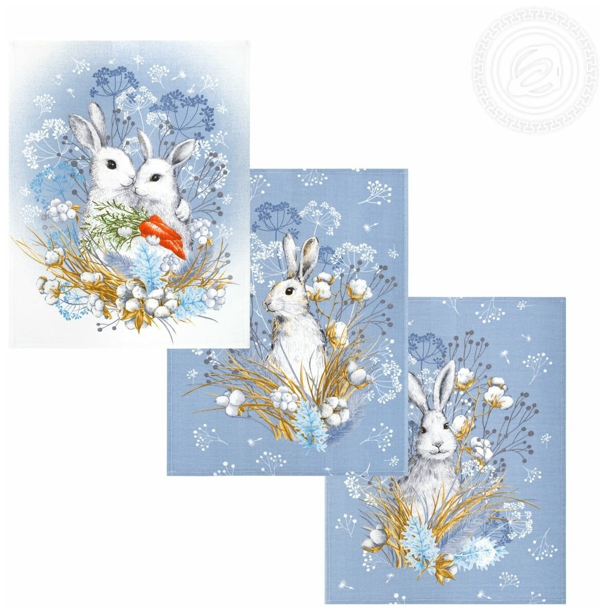 Набор кухонных полотенец - рогожка (3шт - 45*60см), кролик, заяц, голубой - фотография № 8