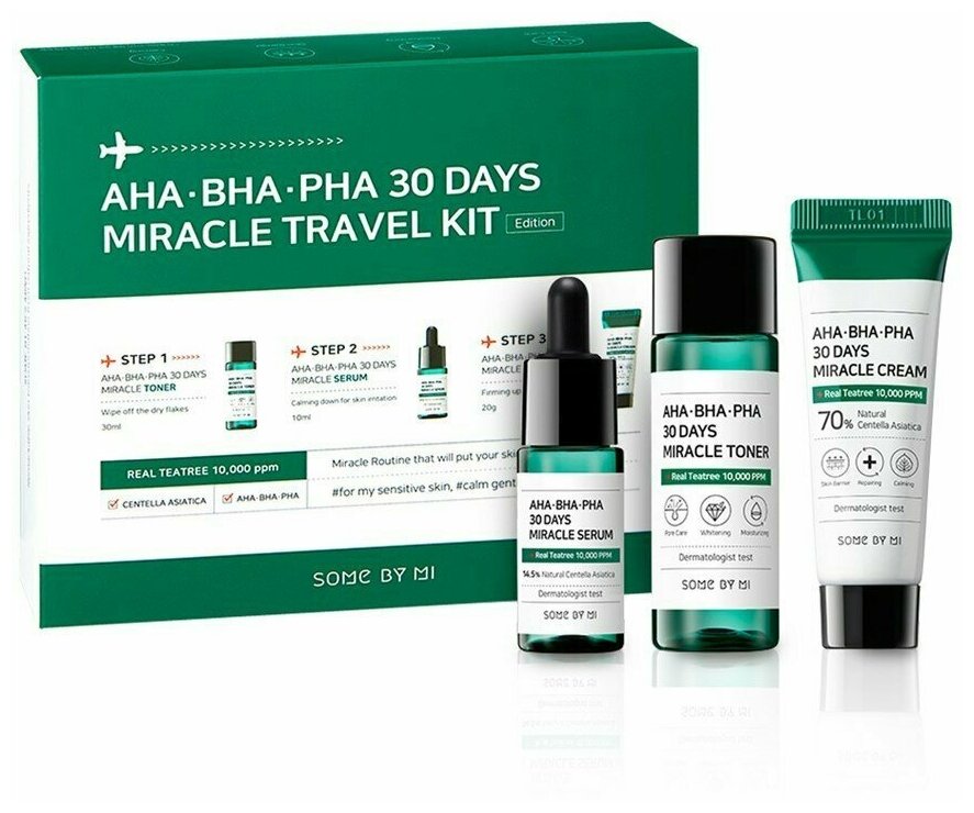 Набор миниатюр с кислотами Some By Mi AHA?BHA?PHA 30 Days Miracle Travel Kit, тонер 30 мл, сыворотка 10 мл, крем 20 г - фото №1