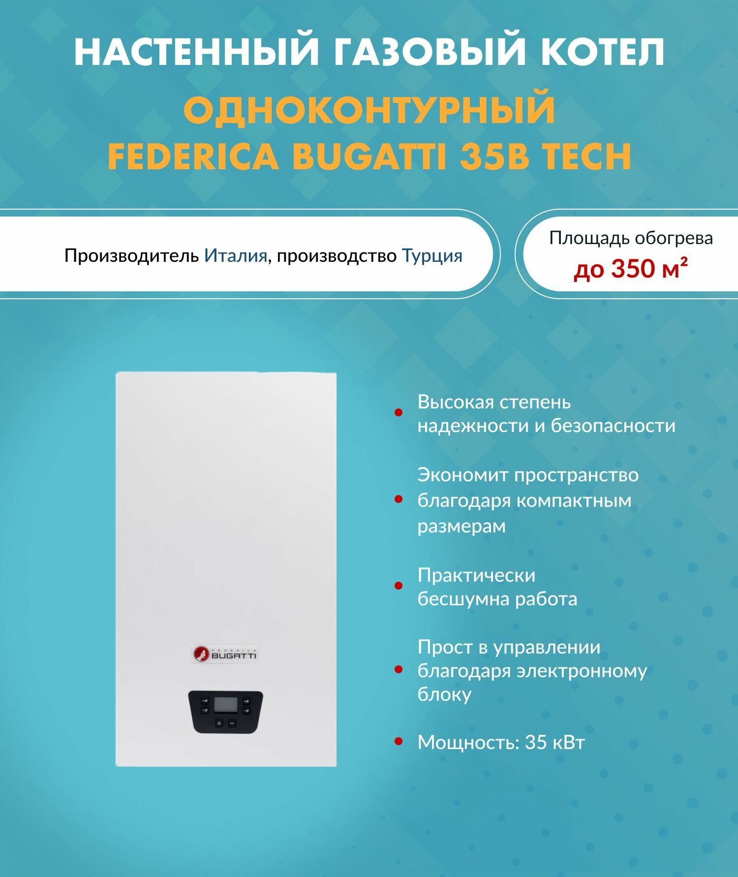 фото Котел газовый (35 кВт.) Federica Bugatti 35B TECH / одноконтурный / насос Grundfos