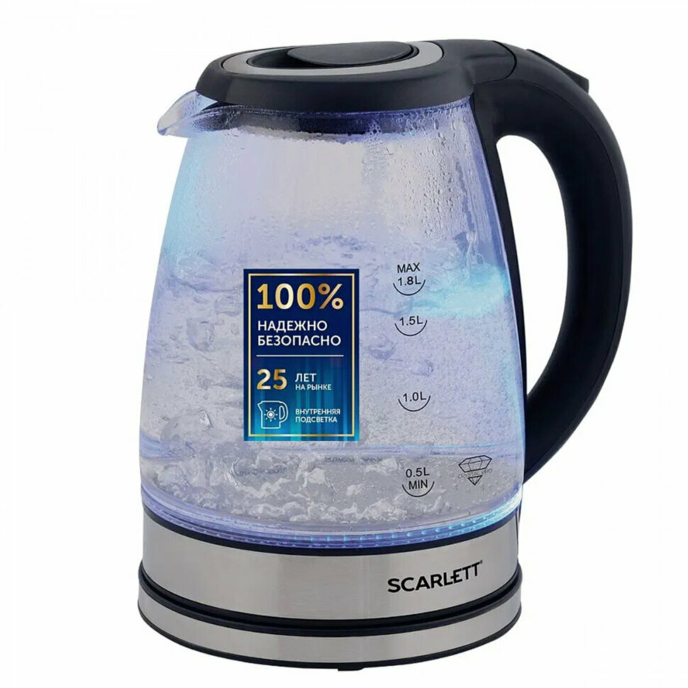 Чайник SCARLETT SC-EK27G88, 1,8 л, 1800 Вт, закрытый нагревательный элемент, стекло, черный, 457207