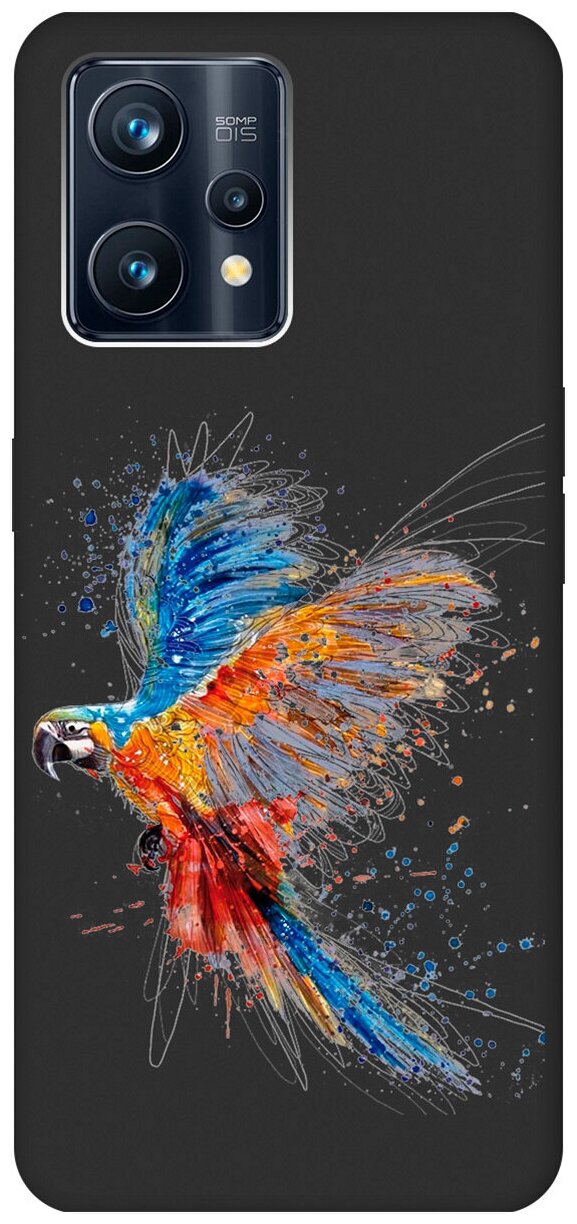 Матовый Soft Touch силиконовый чехол на Realme 9 Pro+, Рилми 9 Про+ с 3D принтом "Colorful Parrot" черный