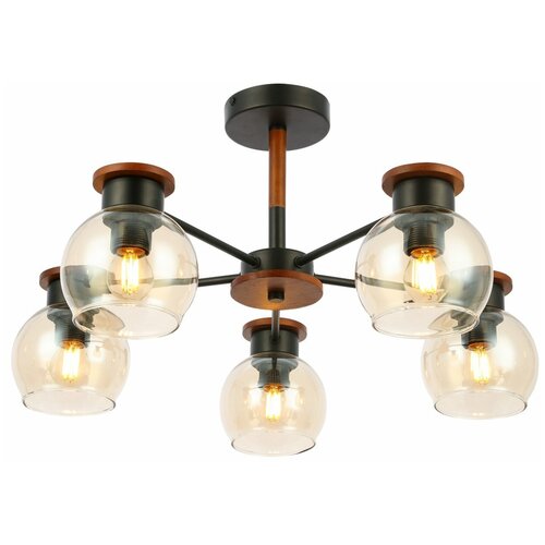 ALC00041BG-MK1-E27.5x60W Люстра потолочная Черный, Темное дерево/Прозрачный, Янтарный E27 5*60W