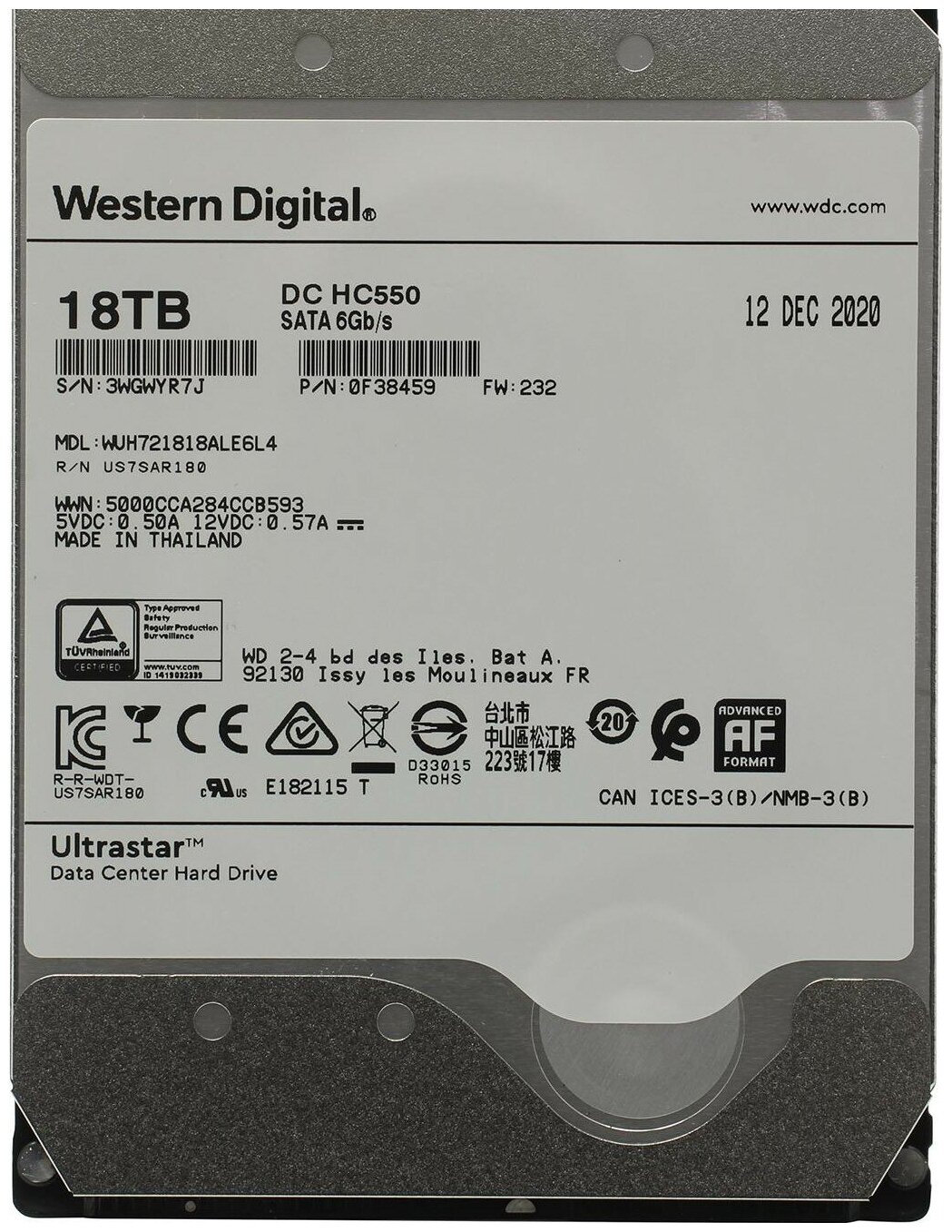 Жесткий диск WD Ultrastar DC HC550 WUH721818ALE6L4, 18ТБ, HDD, SATA III, 3.5" [0f38459] - фото №12
