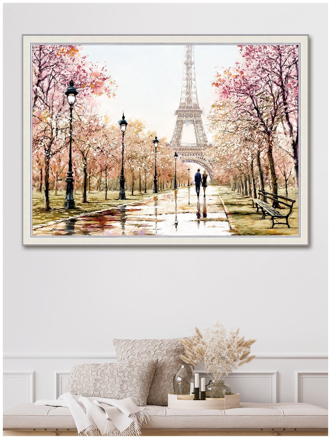 Картина для интерьера "Весенний Париж" 57х77 см/большая интерьерная картина в гостиную, в спальню/городской пейзаж, романтика/Графис