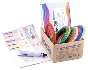 3D ручка Myriwell RP100B (цвет: фиолетовый) с набором пластика PLA 12 цветов по 10 метров и набором трафаретов для 3D ручек