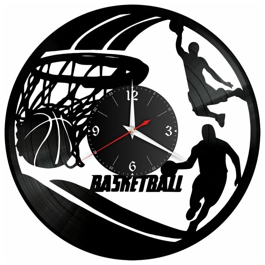 Часы из винила Redlaser "Баскетбол, Basketball, баскетбольное кольцо, два игрока, мяч" VW-10517