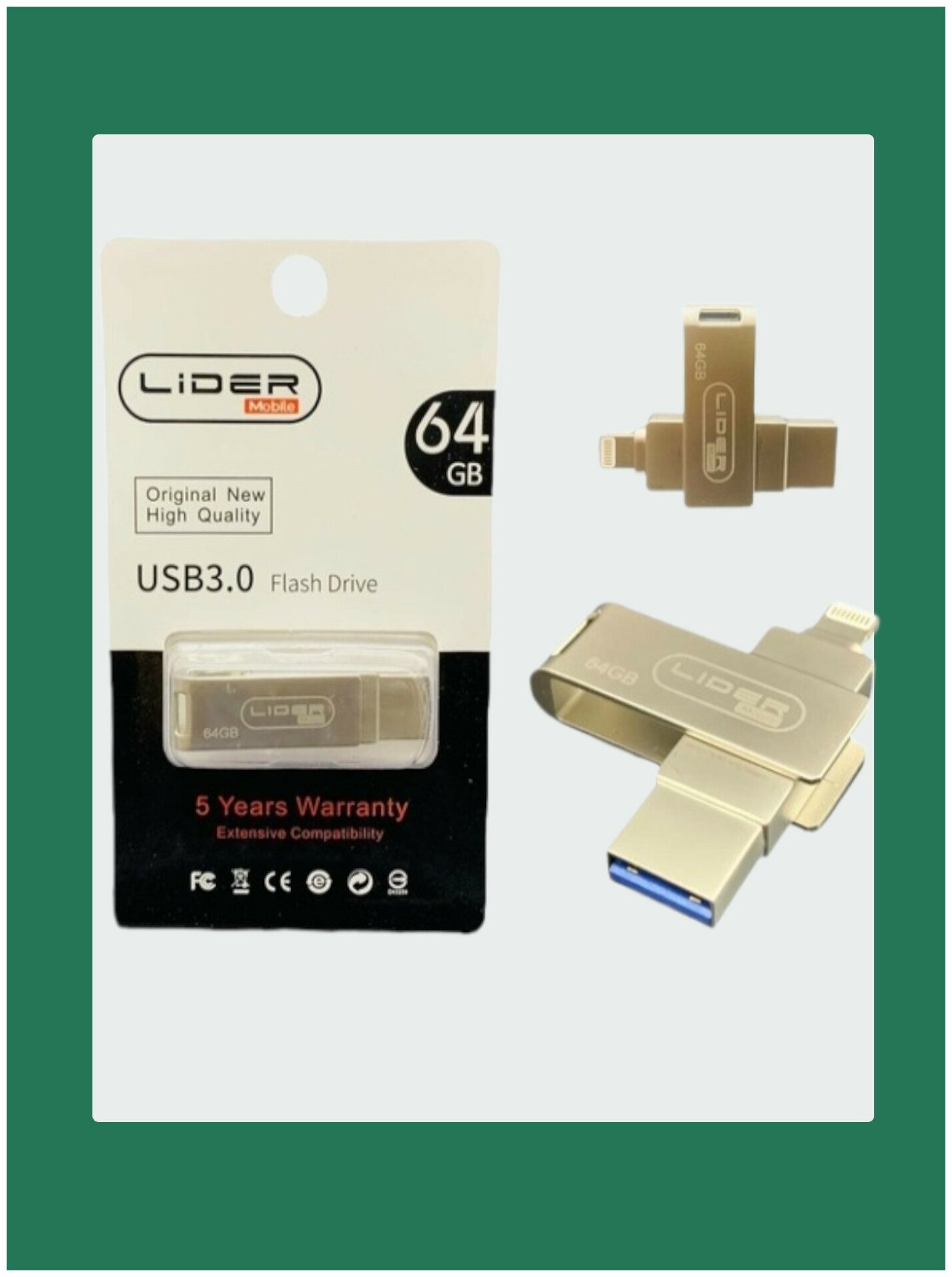 Флеш-накопитель для айфона /sd card USB 3.0 Flash Drive / 64 ГБ/ 3-в-1 / Водонепроницаемый чип