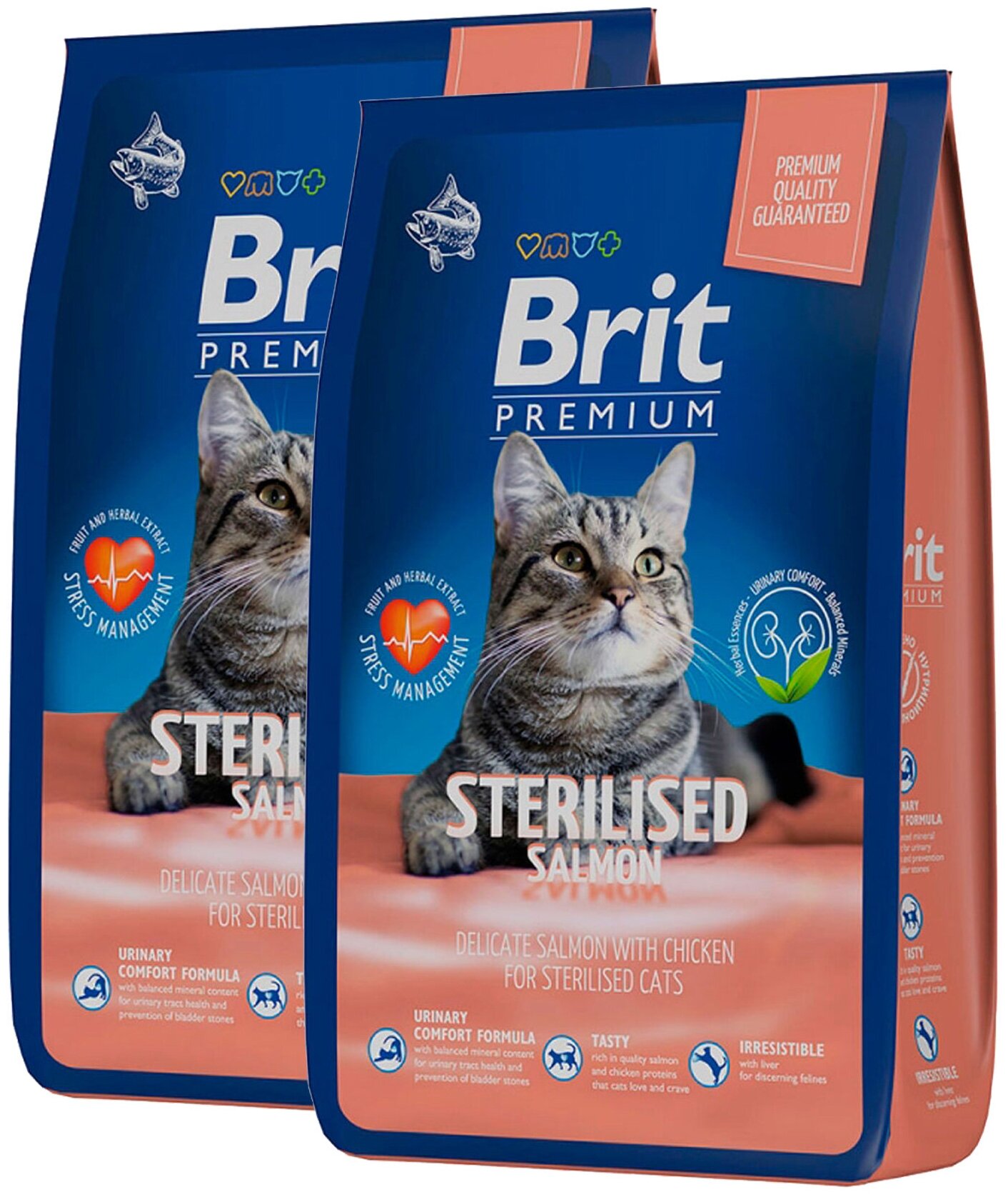 BRIT PREMIUM CAT STERILIZED SALMON & CHICKEN для взрослых кастрированных котов и стерилизованных кошек с лососем и курицей (2 + 2 кг)