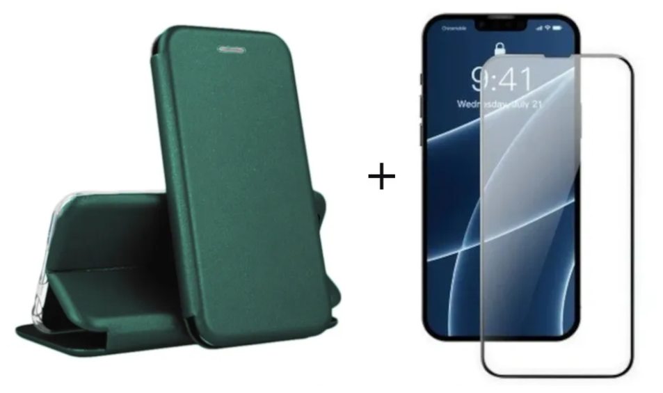 Выгодный комплект 2 в 1 для Apple iphone 13 Pro Max : чехол - книжка кожа изумрудный + защитное стекло 21D черная рамка