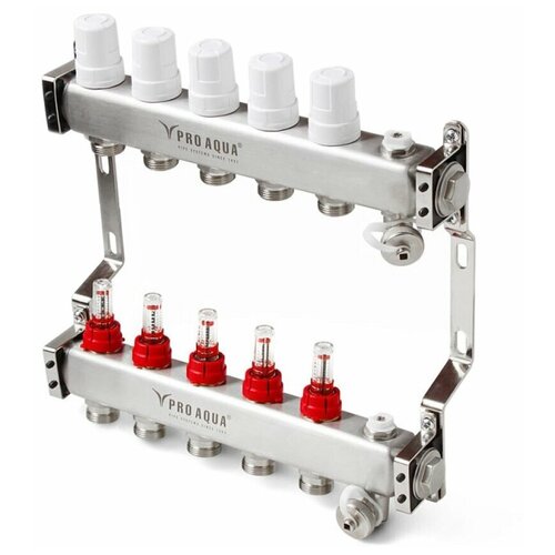 Коллекторная группа с расходомерами 5 выходов, 1 x 3/4 евроконус, для тёплого пола PRO AQUA V500MB.05