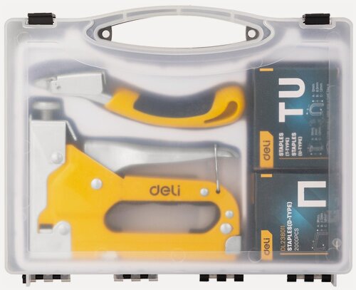 Изображение товара Строительный мебельный степлер DELI металлический с регулировкой + антистеплер DL238105 с набором скоб в кейсе (Тип скоб 140/53F П, U, T по 2000шт каждых) 98418