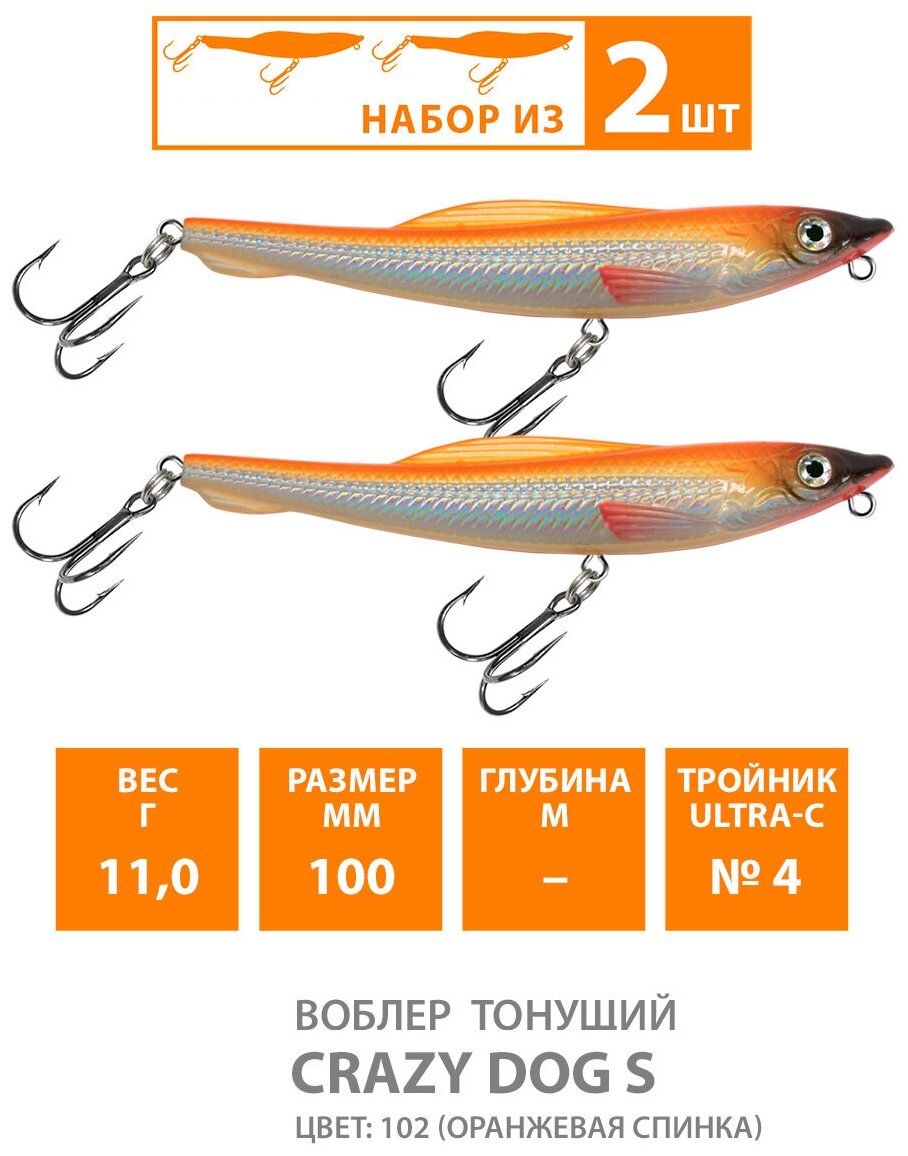 Воблер для рыбалки тонущий AQUA Crazy Dog Sinking 100mm 11g цвет 102 2шт