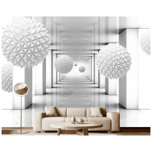 Фотообои на стену флизелиновые 3D Модный Дом Белые игольчатые шары в зале с колоннами 350x260 см (ШxВ)