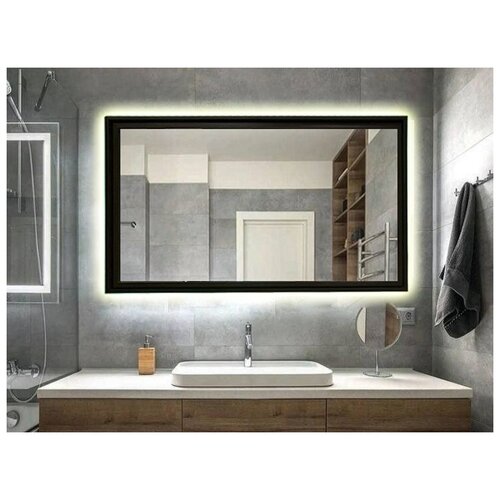 Зеркало настенное с подсветкой парящее прямоугольное 115*75 см в черной раме для ванной нейтральный свет 4000 К сенсорное управление