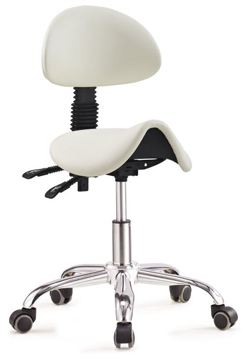 OKIRO / Стул-седло для мастера на колесах со спинкой HY 1037-3 WHT / стул для парикмахера, косметолога