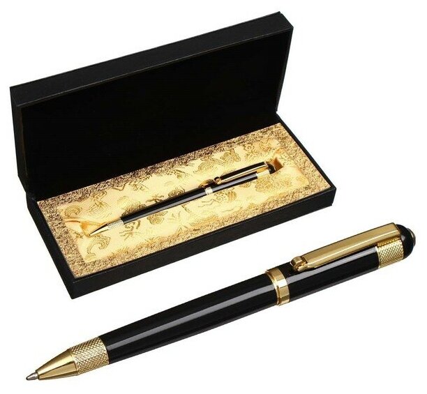 Ручка подарочная шариковая в кожзам футляре поворотная Вензура корпус черный с золотым