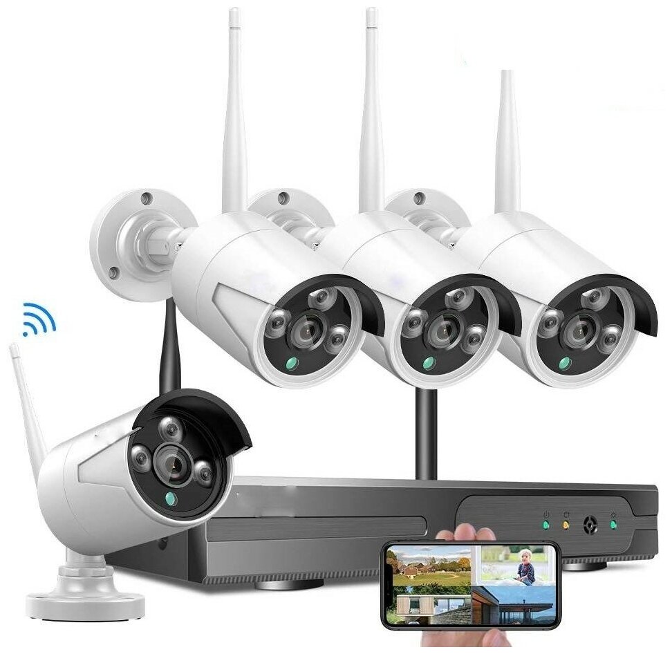 Цифровой комплект wifi видеонаблюдения на 4 камеры со звуком для улицы и помещений Micam HiSecurity White 3Mp 4CH