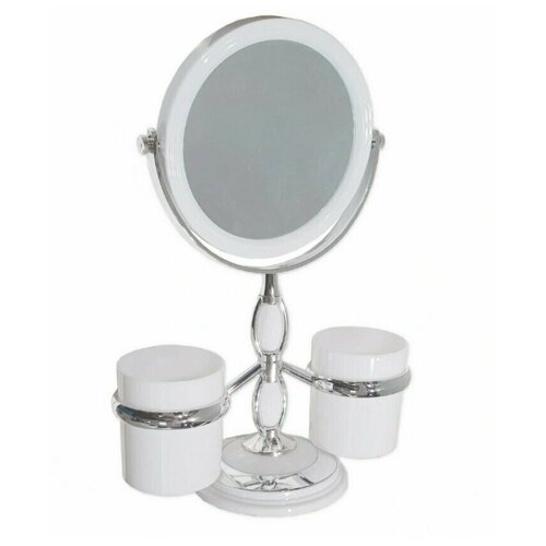 Купить Санакс Зеркало косметическое настольное, с двумя стаканами для принадлежностей, двустороннее, вторая сторона с двукратным увеличением, САНАКС, белый/серебристый-белый