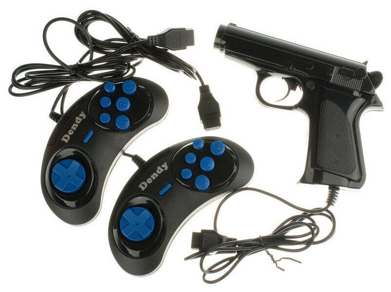 Джойстики 8-bit черные с синими кнопками + световой пистолет / NewGame / Комплект 2 шт. для Денди / Узкий разъём 9 pin