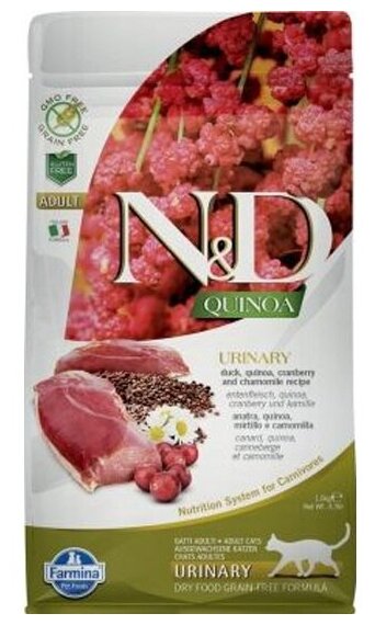 Сухой беззерновой корм с уткой и киноа для кошек Farmina N&D Quinoa Urinary, 1,5 кг - фотография № 1