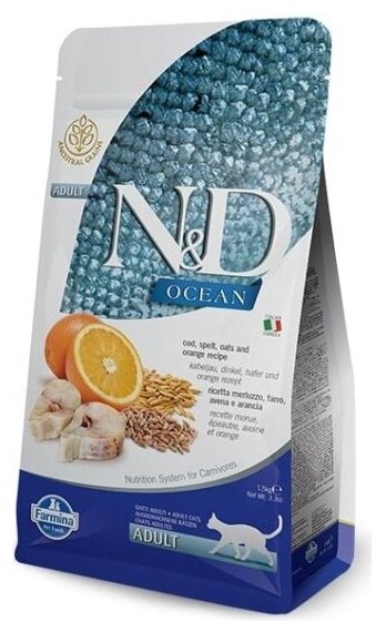 Фармина N&D OCEAN LINE для кошек OCEAN CODFISH, SPELT, OATS&ORANGE Adult, 0,3 кг - фотография № 2