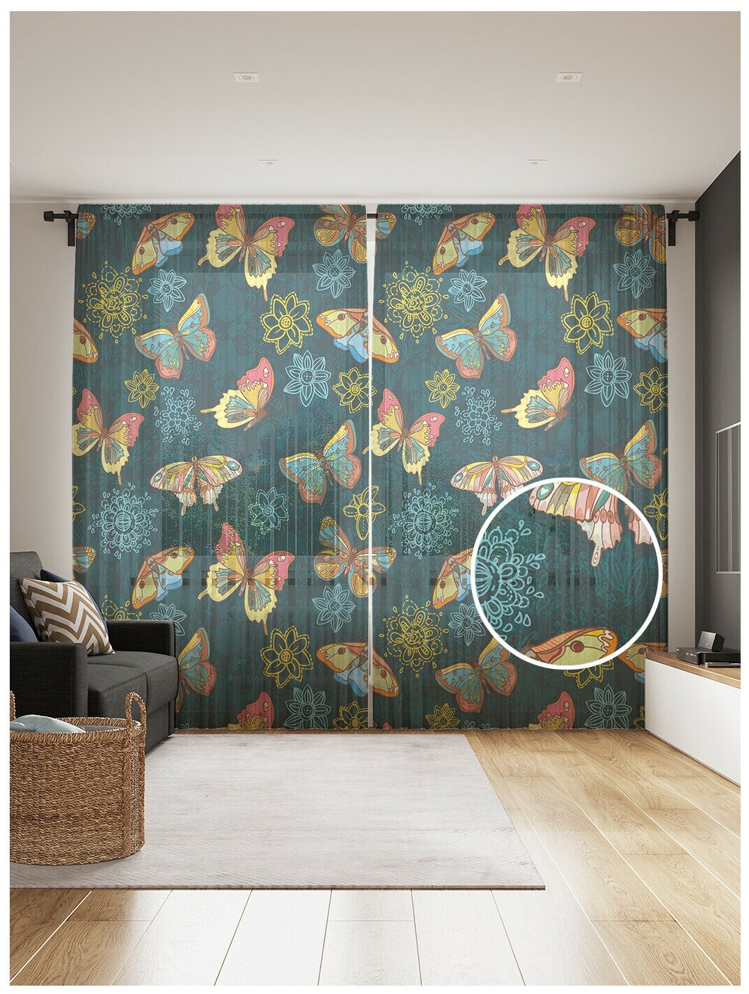 Тюль для кухни и спальни JoyArty "Луг бабочек", 2 полотна со шторной лентой шириной по 145 см, высота 265 см. - фотография № 1