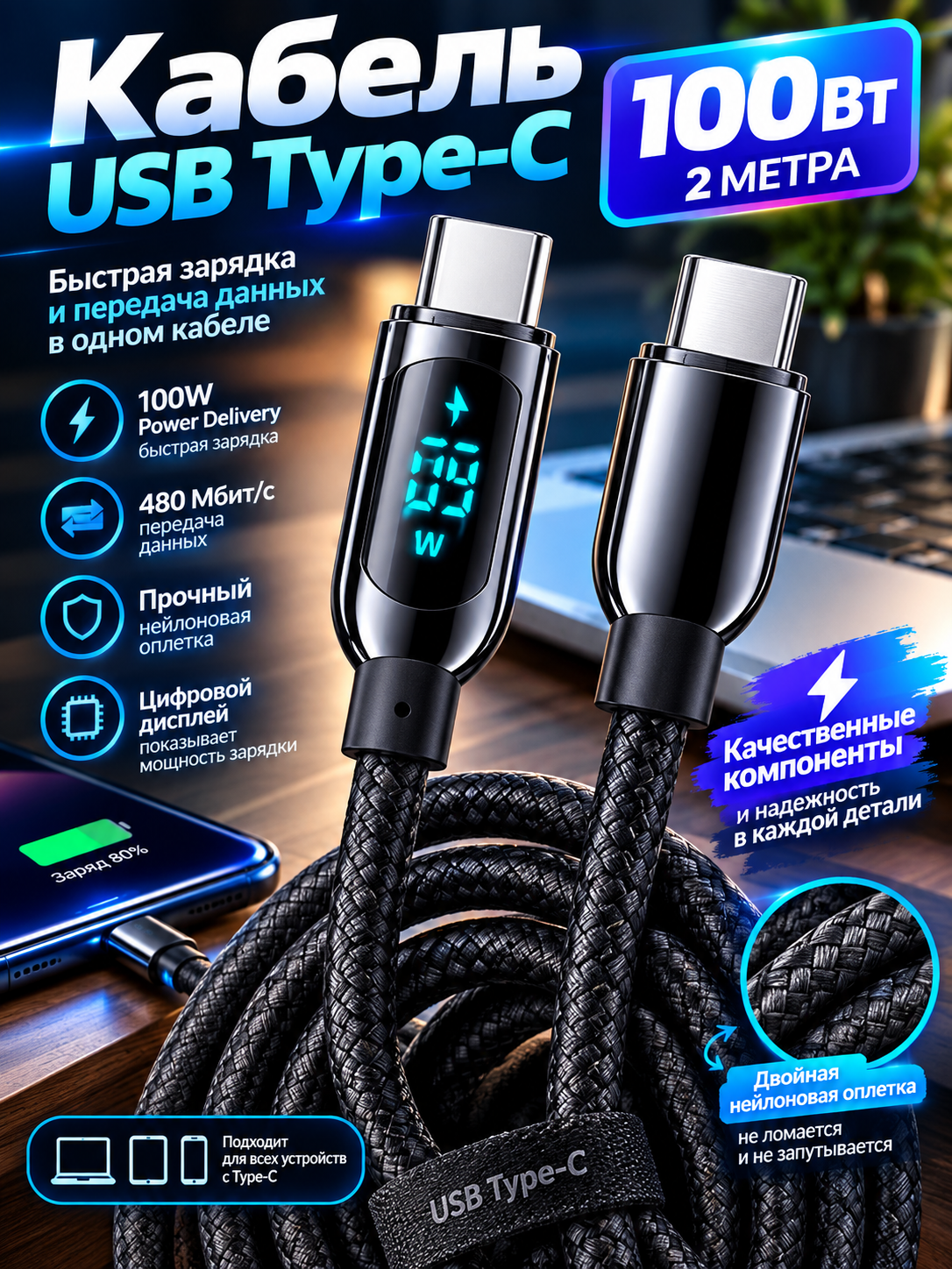 Кабель type-c_type-c 2 метра с цифровым дисплеем 100Вт, нейлон, Быстрая зарядка