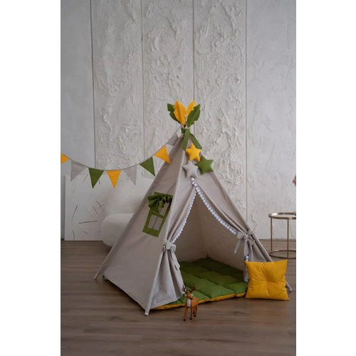 Вигвам детский с ковриком, окошком , подушкой и антискладывателем бежевый с желтым