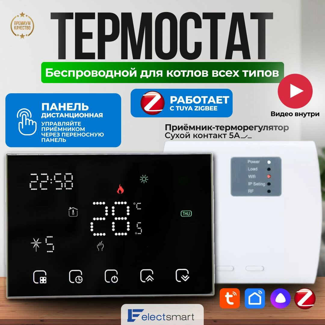 фото EST-611Z Терморегулятор для котла газового и электрического с TUYA ZigBee, программируемый термостат, сенсорный белый беспроводной дисплей с датчиком температуры, голосовое управление Яндекс Алиса, ELECTSMART