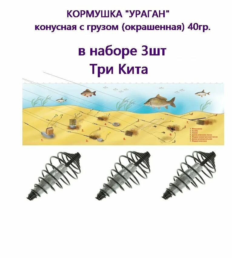 Кормушка Три Кита  ураган  конусная с грузом  окрашенная  40гр  в наборе 3шт
