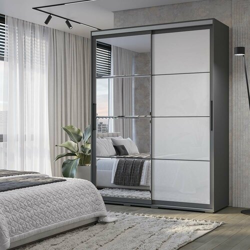 Шкаф-купе ШКП-3/Крафт-6/Гранд Графит/Лакобель ЛДСП с ящиками, штангами, зеркалами, для дома 1602х2176х594 МЕБЕЛЬНЫЙ РАЙ