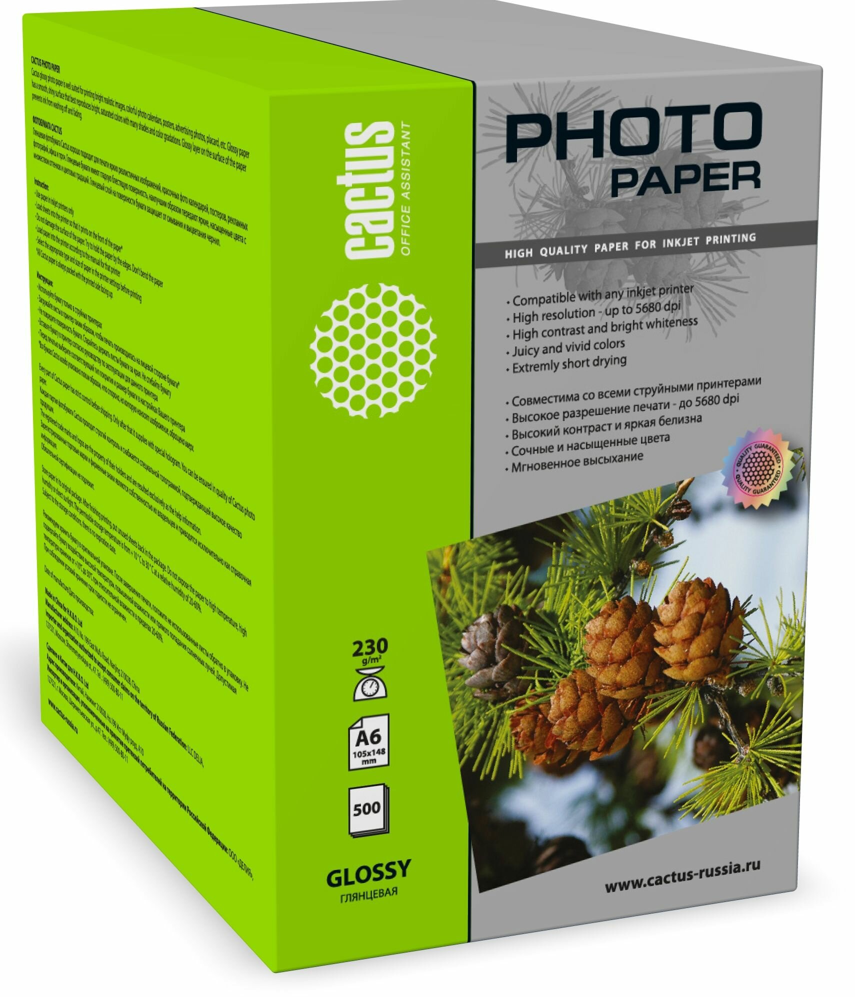 Фотобумага Cactus CS-GA6180500 A6, 180г/м2, 500л, белый