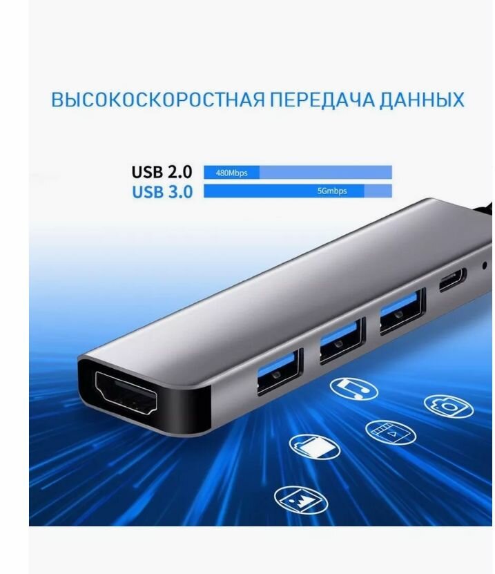 Адаптер переходник 5 в 1 с интернет 3х-USB разветвитель/Type-c/ HDMI — фото 1