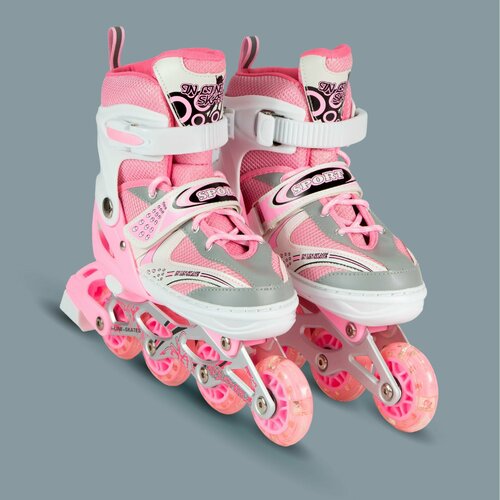 Коньки роликовые с защитой и шлемом в сумке, раздвижные светящиеся размер 32-36 RUS, розовые