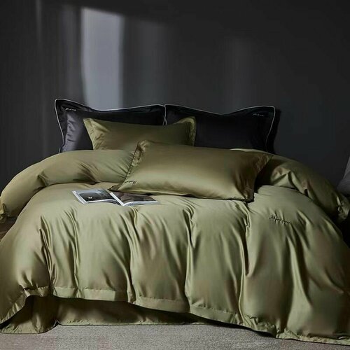 Комплект постельного белья Евро сатин жатка Winni win-1, наволочки 70х70 50х70, простыня стандартная зеленый, размер евростандарт