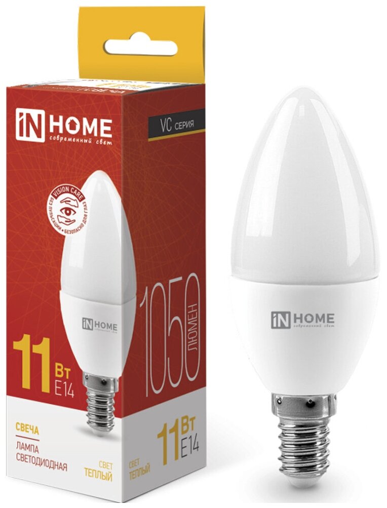 Лампа светодиодная LED-СВЕЧА-VC 11Вт свеча 3000К тепл. бел. E14 1050лм 230В IN HOME 4690612020464