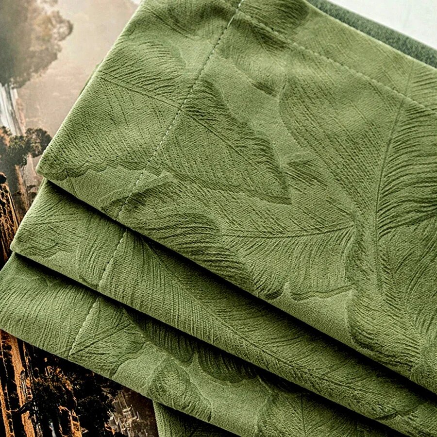 Бархатные шторы Black Ant оливково-зелёного цвета Leaf Pattern W150CM X H260CM(1PC) Pull Pleated Tape