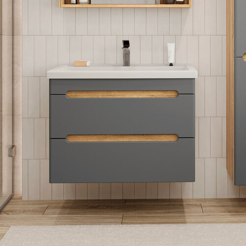 Изображение товара Тумба подвесная SanStar Diva 70 с раковиной Фостер 70 (комплект) для ванной комнаты, дуб вотан, графит софт