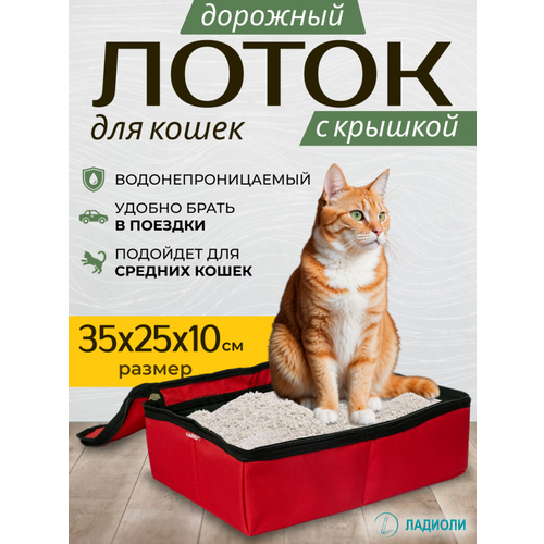 Лоток для кошек с крышкой Ладиоли М-96К, красный, дорожный, 35х25х10 см, размер M